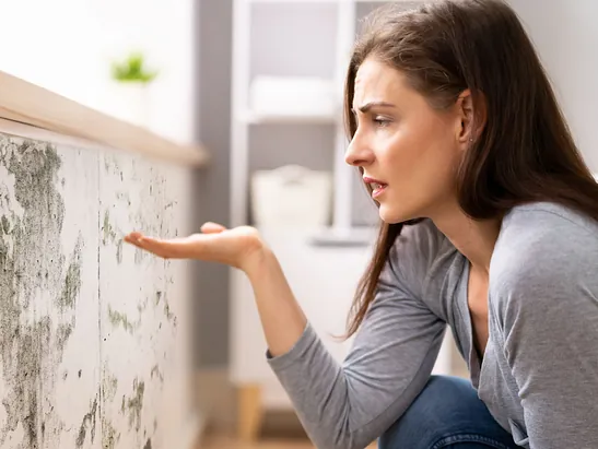 Frustrated woman looking at mould in shock